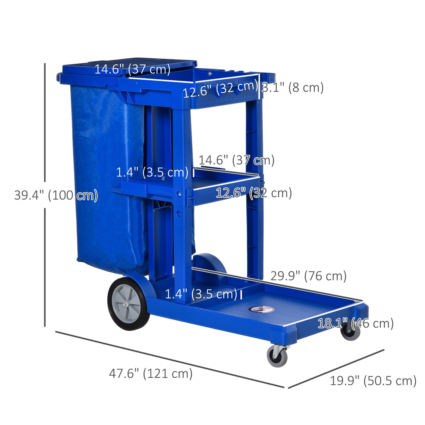 Commercial Janitorial Cart with 3-Tier Shelves, Trash Bag and Mop Holder - Blue - Image 2