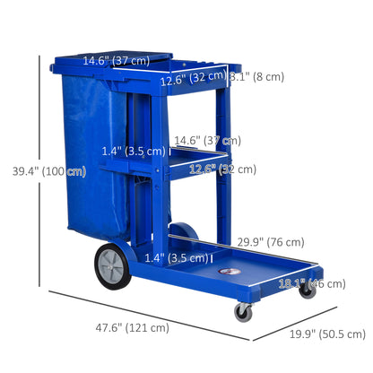 Commercial Janitorial Cart with 3-Tier Shelves, Trash Bag and Mop Holder - Blue - Image 2