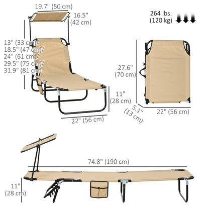 2 Piece Folding Outdoor Chaise Lounges, Pool, Sun, Tanning Chairs with Reclining Back, Sunshade for Beach, Patio, Tan