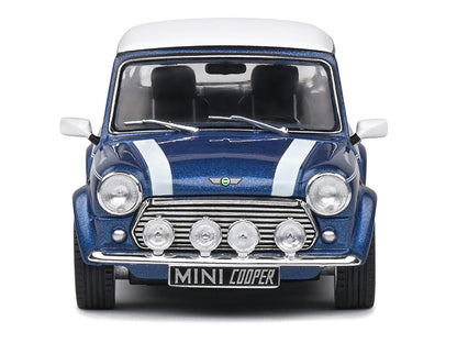 1994 Mini Cooper Sport Tahiti Blue Metallic with White Top and Stripes 1/43 Diecast Model Car by Solido