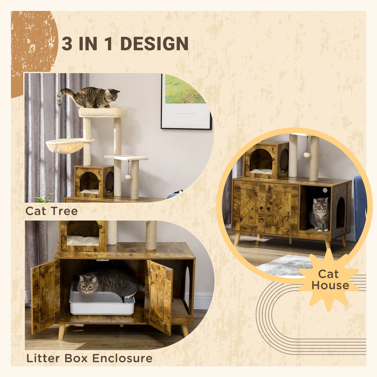 Litter Box Enclosure with Cat Tree Tower, Hidden Cat Washroom Furniture with Condo, Scratching Posts, Large Platform, Ha