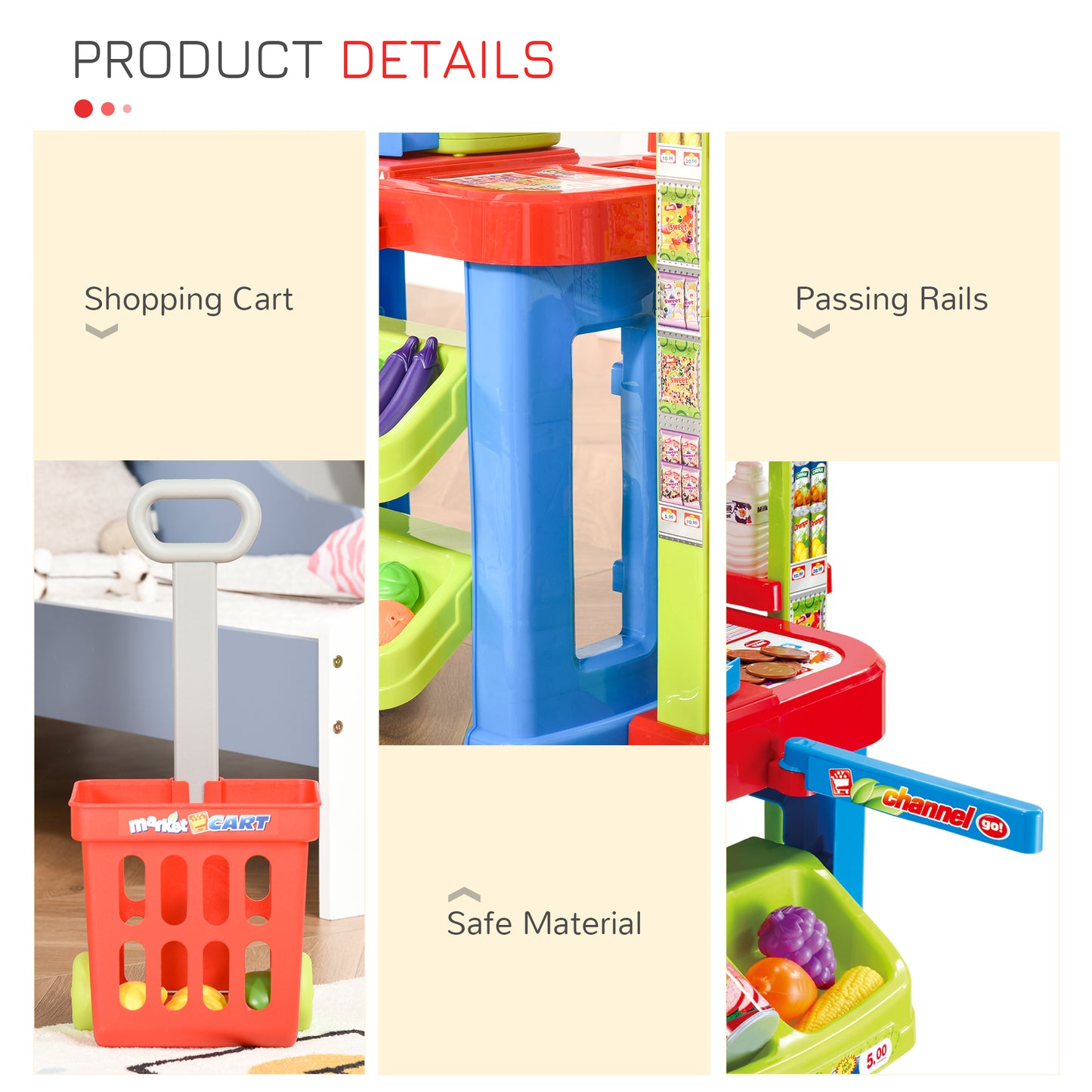 Qaba Kids Supermarket Playset with Cash Register – 50-Piece Grocery Store Pretend Play Toy with Checkout Counter for Boy
