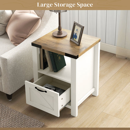 Side Table with Storage, Farmhouse End Table with Drawer, Open Shelf and Barn-style Panel, Nightstand for Living Room, B