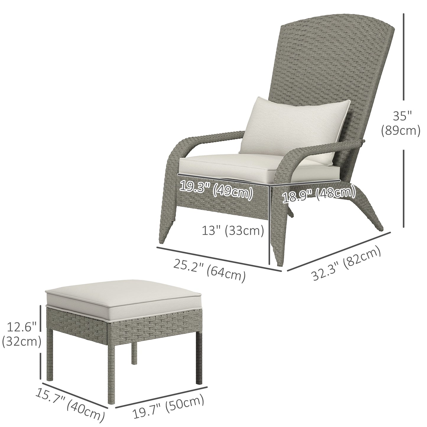 Wicker Adirondack Chair with Ottoman, Patio Cushioned Muskoka Chair, Outdoor Fire Pit Chair with High-back and Armrests,