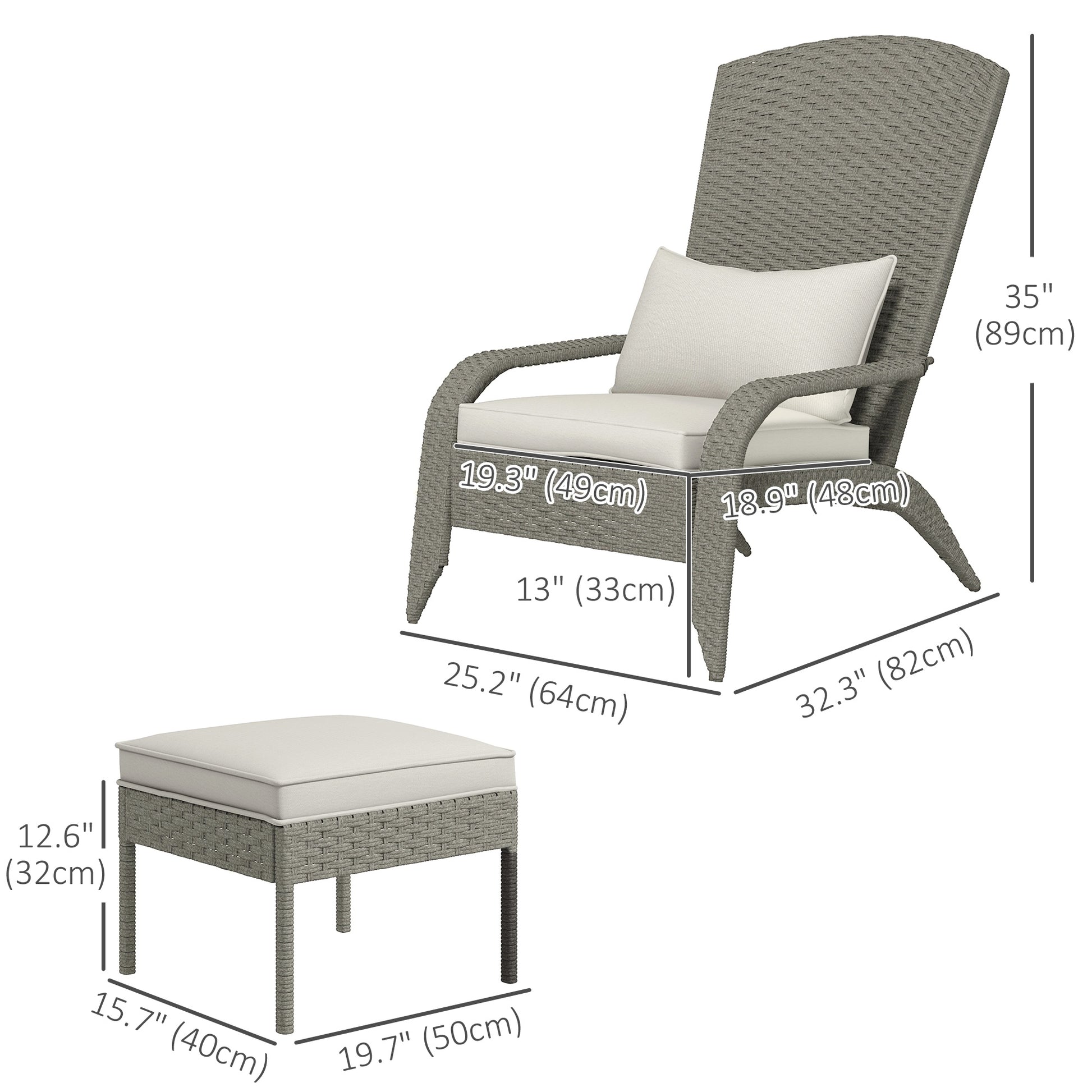 Wicker Adirondack Chair with Ottoman, Patio Cushioned Muskoka Chair, Outdoor Fire Pit Chair with High-back and Armrests,