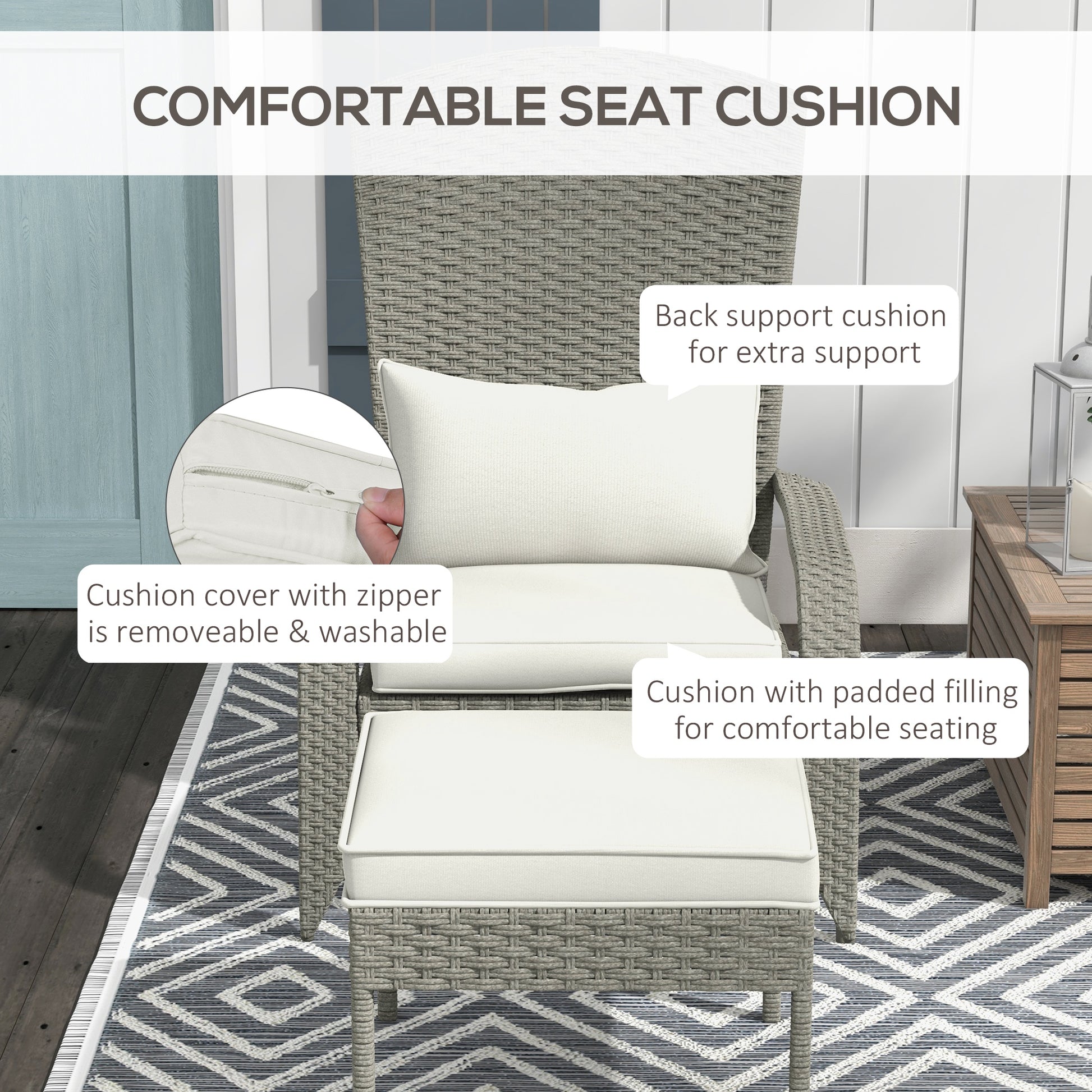 Wicker Adirondack Chair with Ottoman, Patio Cushioned Muskoka Chair, Outdoor Fire Pit Chair with High-back and Armrests,