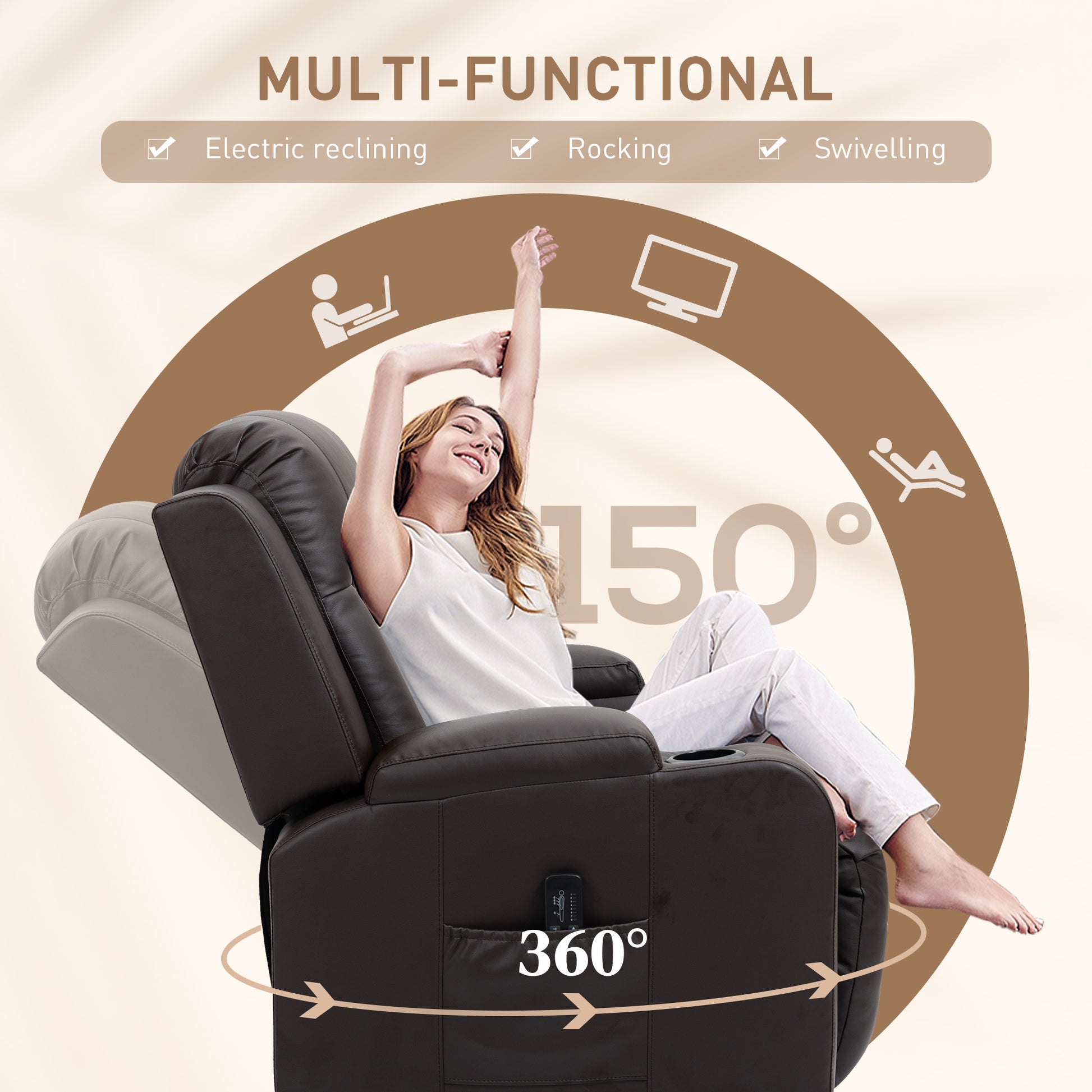 Swivel Massage Recliner Chair Rocker, Overstuffed Manual Reclining Sofa, PU Leather Rocking Chair with Side Pockets, Cup