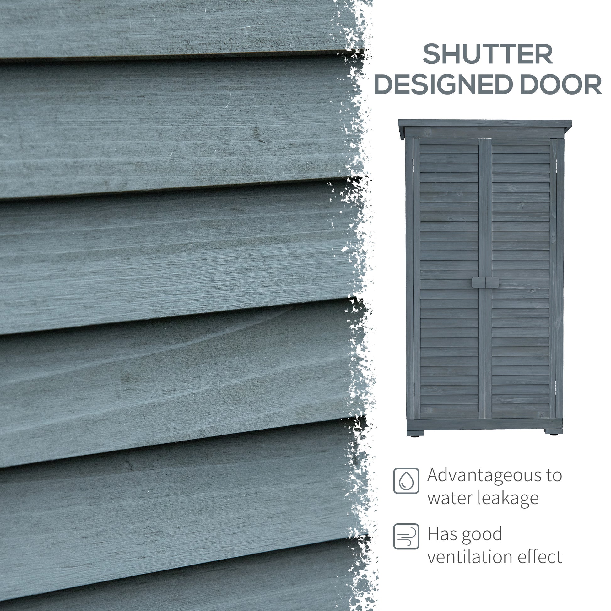 Outdoor Garden Shed, Wooden Tool Storage Shed, 3-Tier Shelves, Asphalt Roof, Shutter Doors, 34.3" x 18.3" x 63", Grey