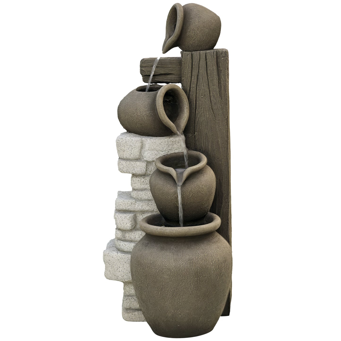 Wine Jars Outdoor Waterfall Fountain with Adjustable Flow, 4-Tier Rustic Resin Cascading Water Fountain, Decorative Back