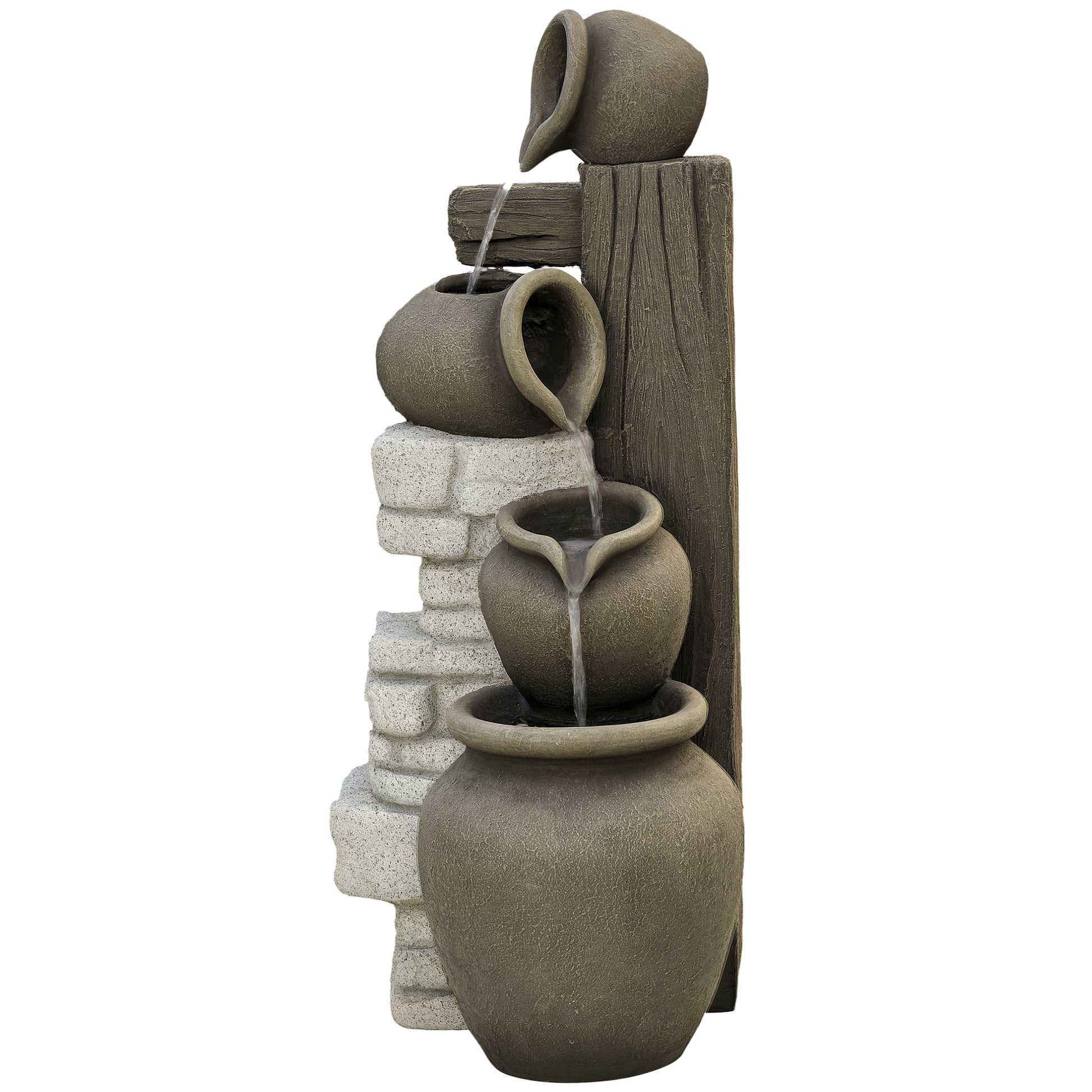 Wine Jars Outdoor Waterfall Fountain with Adjustable Flow, 4-Tier Rustic Resin Cascading Water Fountain, Decorative Back