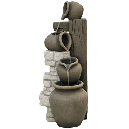 Wine Jars Outdoor Waterfall Fountain with Adjustable Flow, 4-Tier Rustic Resin Cascading Water Fountain, Decorative Back
