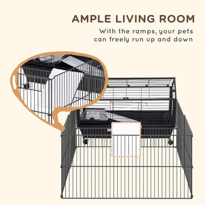 Guinea Pig Cage with Foldable Detachable Playpen, Rolling Rabbit Chinchilla Hedgehog Bunny Cage Small Animal Habitat wit