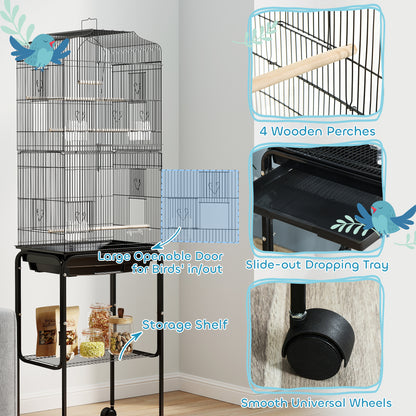 62" Rolling Bird Cage Cockatoo House Play Top Finch Pet Supply with Storage Shelf, Wheels - Black