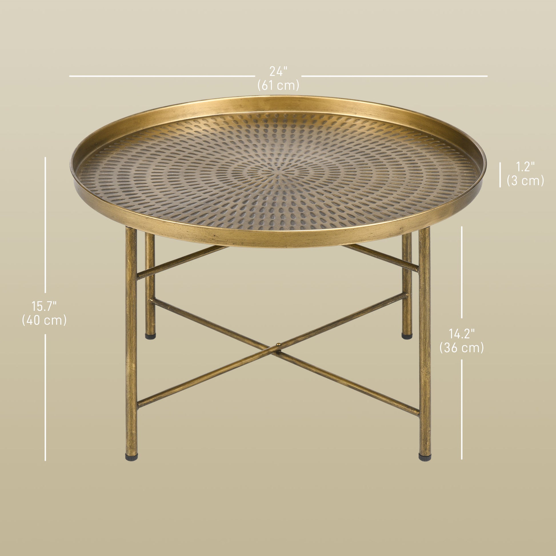 Vintage Coffee Table for Living Room, 24" Round Center Table with Hammered Tray Top and Metal Frame, Gold