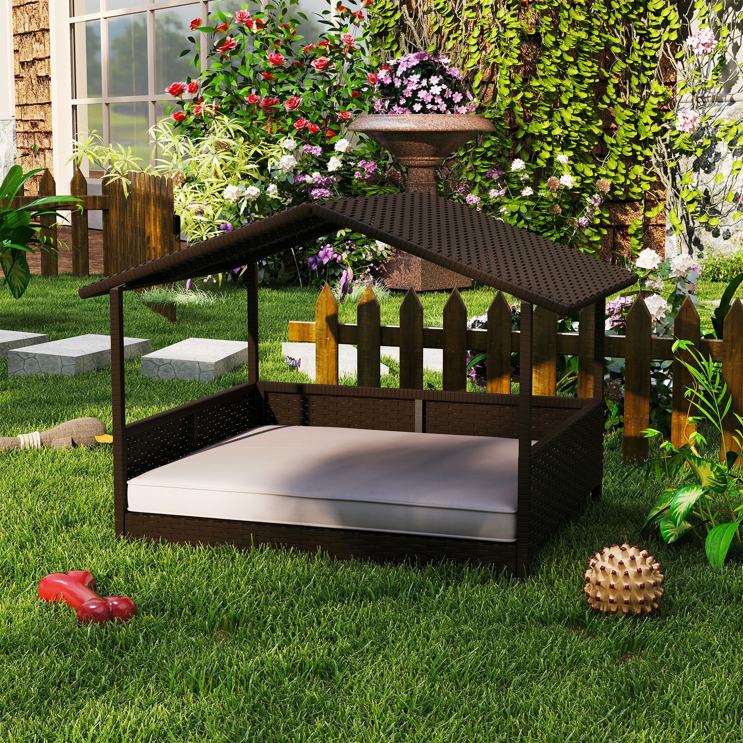Elevated Rattan Dog House Outdoor with Canopy, Wicker Dog Bed with Water-Resistant Cushion, for Small and Medium Dogs Cr