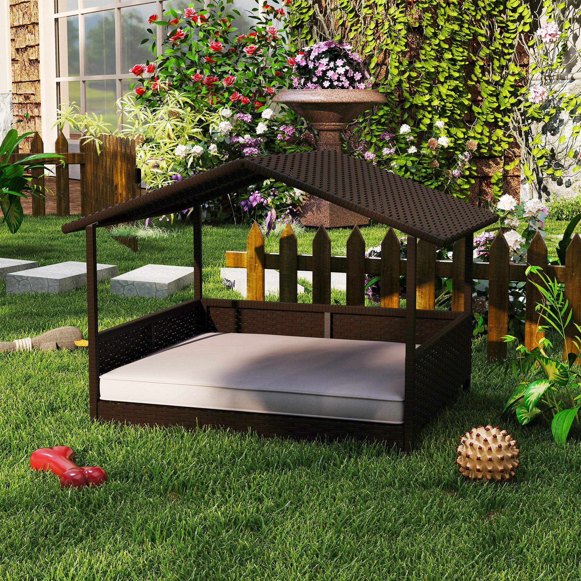 Elevated Rattan Dog House Outdoor with Canopy, Wicker Dog Bed with Water-Resistant Cushion, for Small and Medium Dogs Cr