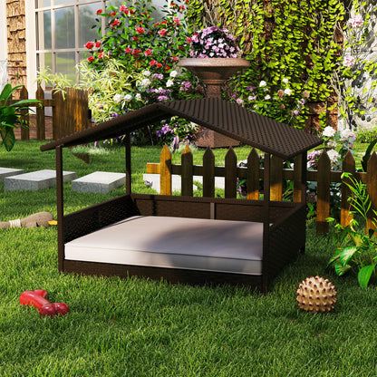 Elevated Rattan Dog House Outdoor with Canopy, Wicker Dog Bed with Water-Resistant Cushion, for Small and Medium Dogs Cr