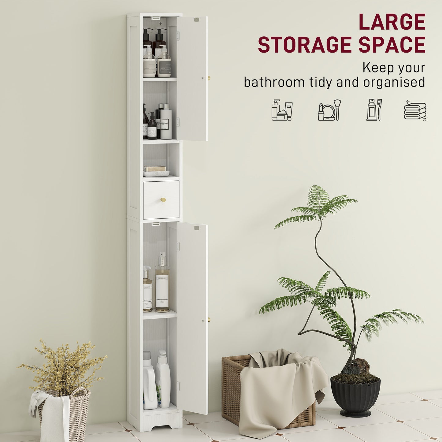 Tall Bathroom Cabinet, Modern Slim Bathroom Storage with Arched Doors, Drawer and Open Shelf, Narrow Storage, White