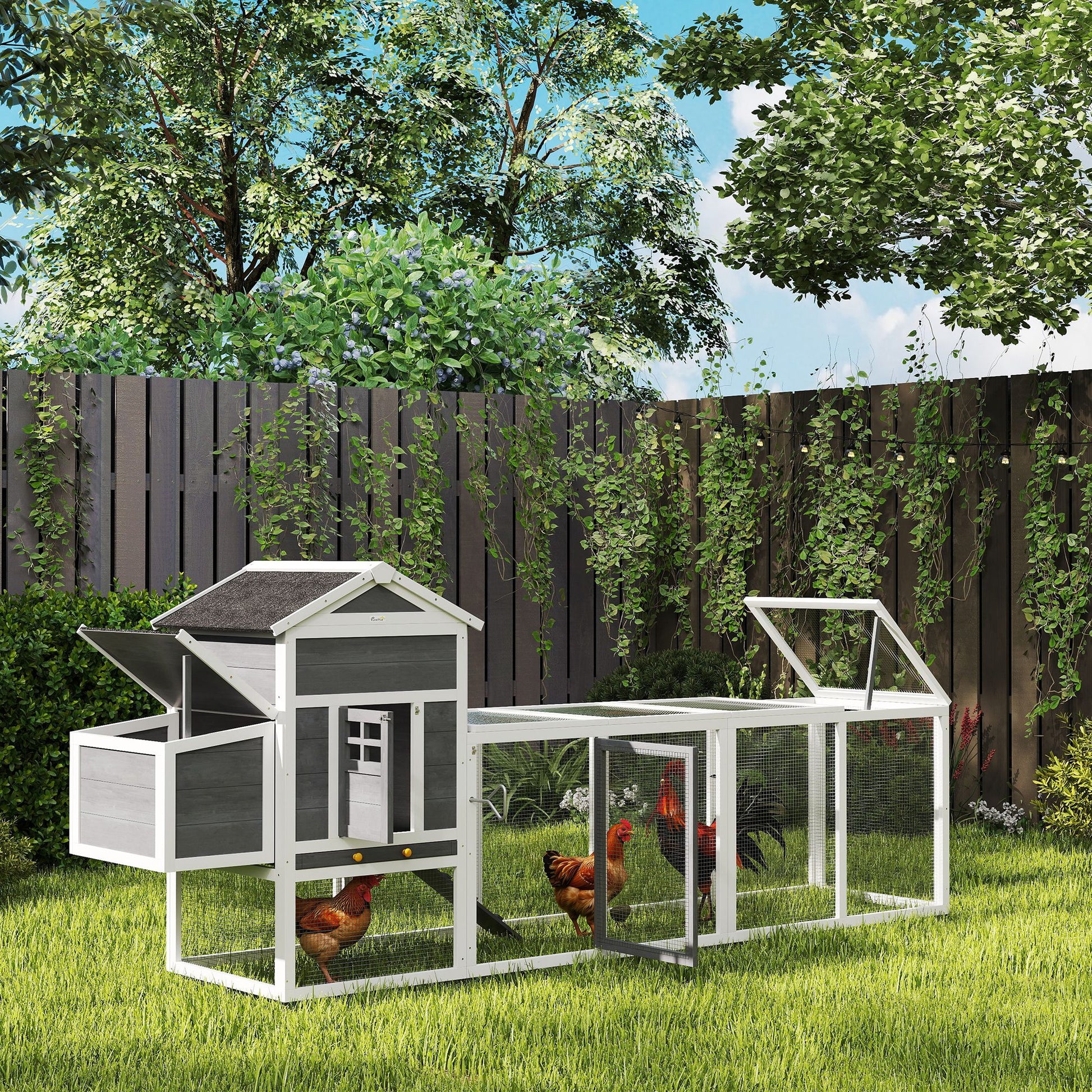 117" Extra Large Chicken Coop with Asphalt Roof, Wooden Hen House with Slide-out Tray, Quail Hutch with Nesting Box, Gre