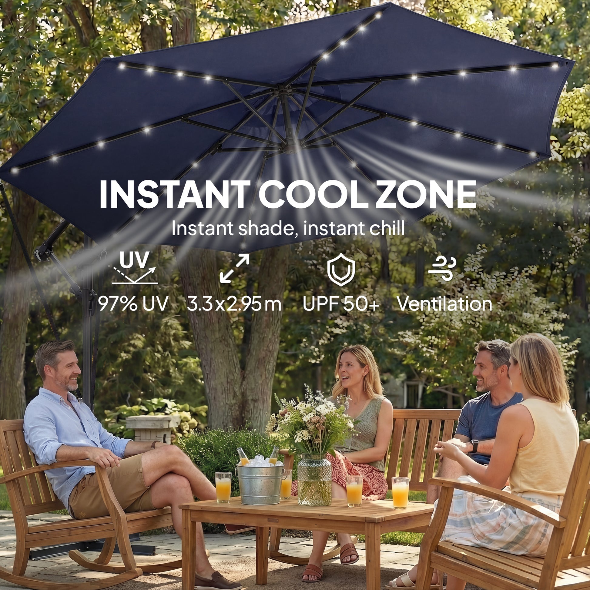 9.7ft Solar LED Cantilever Patio Umbrella with 32 LED Lights, Cross Base, Crank Handle, for Poolside, Deck, Dark Blue
