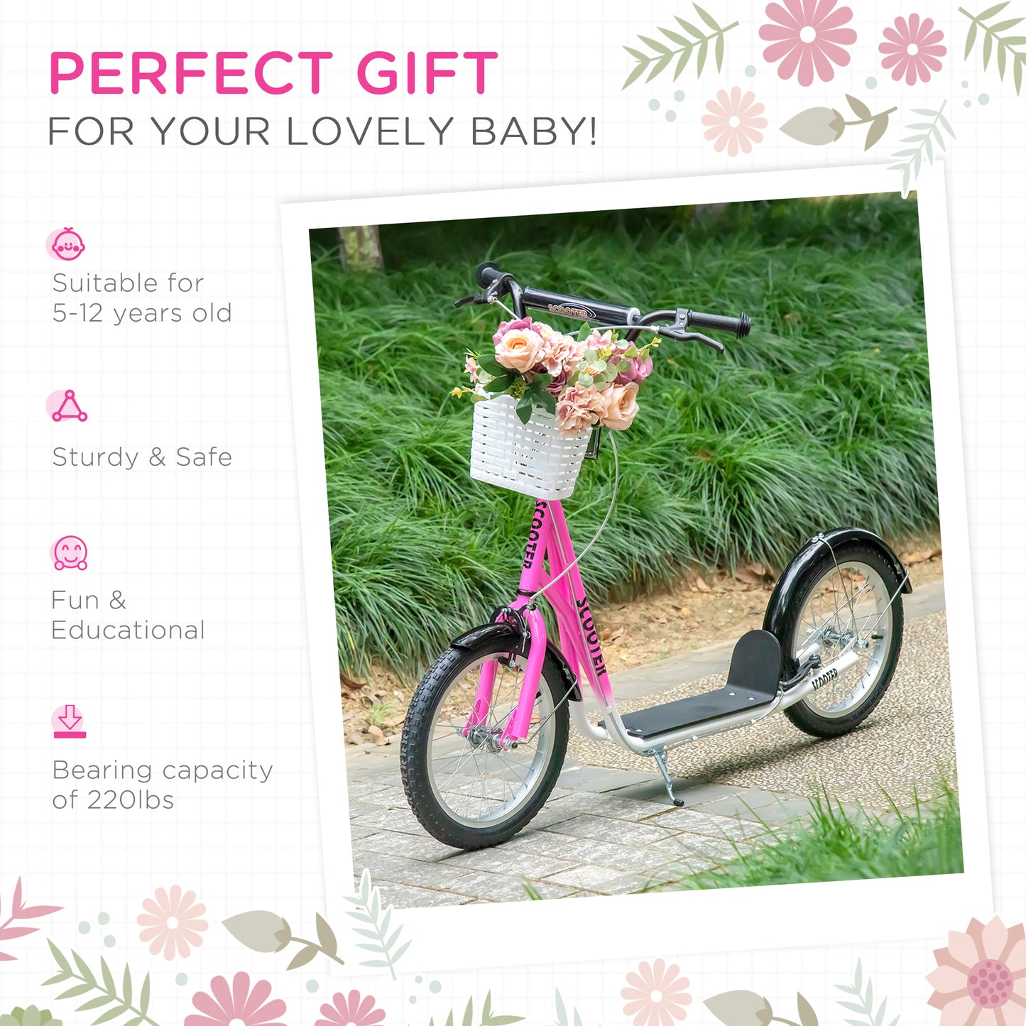 VarietyKart Kick Scooter with Adjustable Handlebar, Kids Scooter with 2 Brakes Basket Cupholder 16" Inflatable Rubber Ty