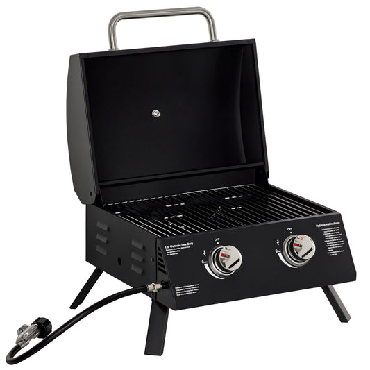 2 Burner Propane Gas Grill, Outdoor Portable Tabletop BBQ with Foldable Legs, 10000 Each Burner, Lid, for Camping, Picni
