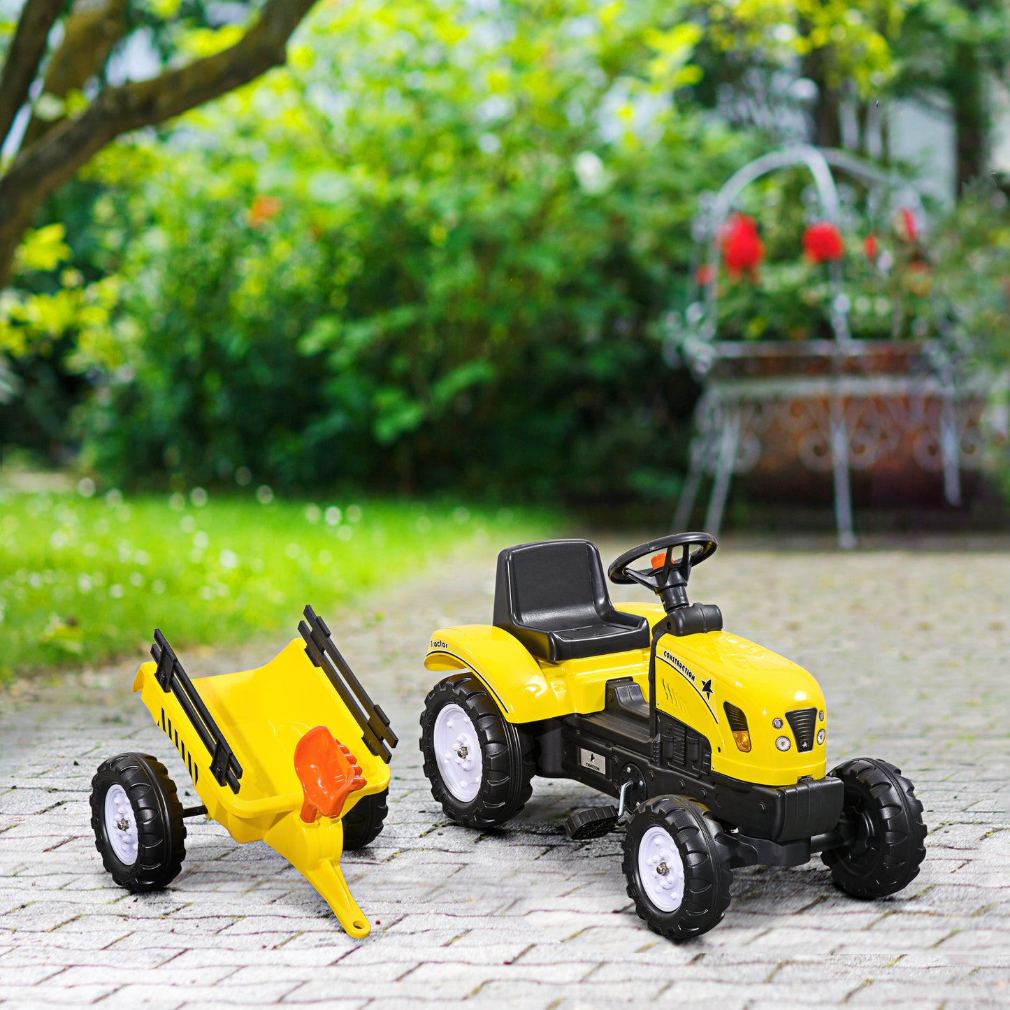 VarietyKart Ride on Excavator with Back Trailer, Shovel & Rake for 3+ Year Old