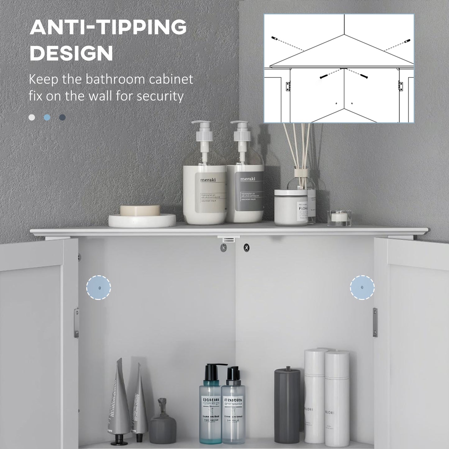Modern Bathroom Storage Cabinet, Corner Cabinet with Doors, Bathroom Cabinet with Adjustable Shelf and Recessed Door, Wh