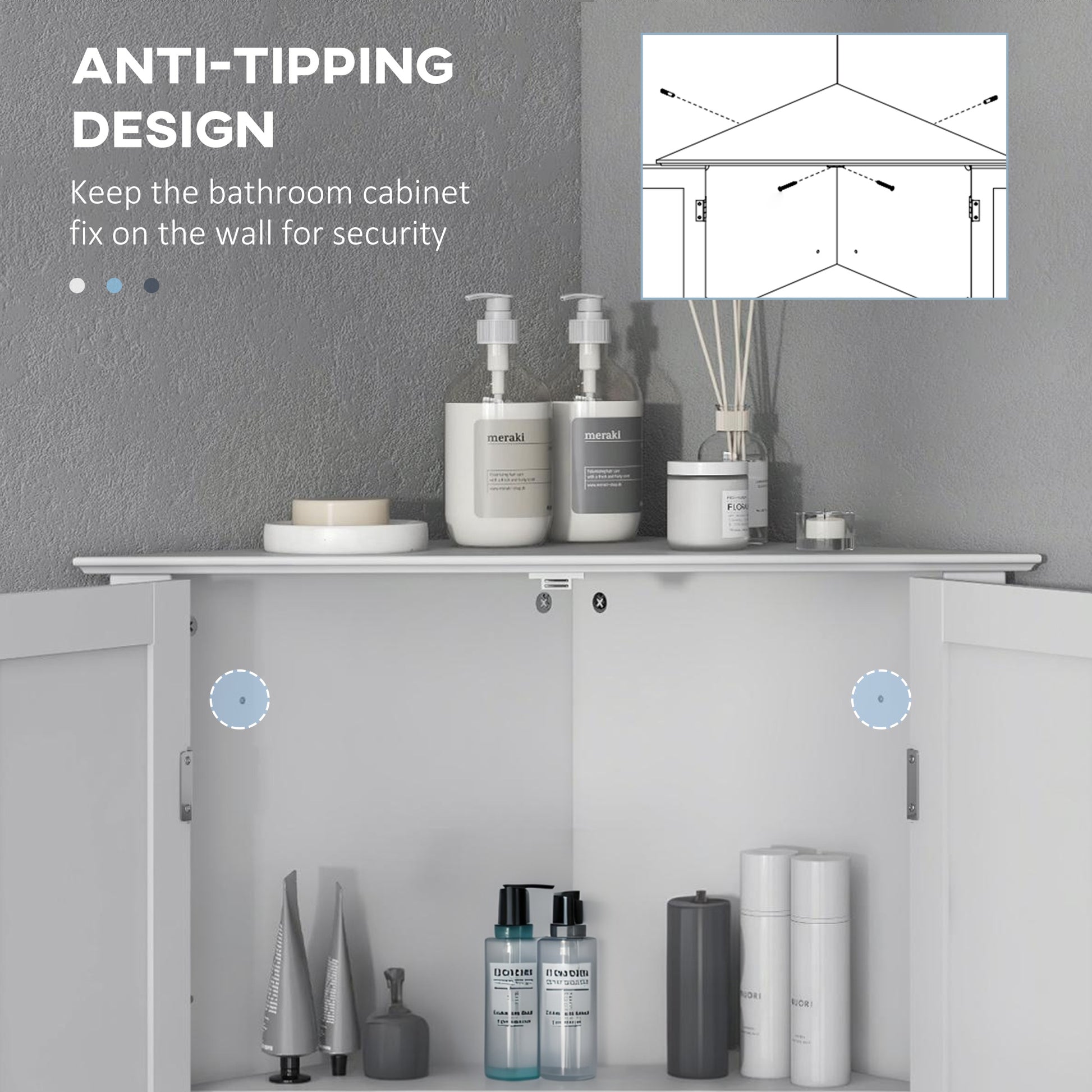Modern Bathroom Storage Cabinet, Corner Cabinet with Doors, Bathroom Cabinet with Adjustable Shelf and Recessed Door, Wh