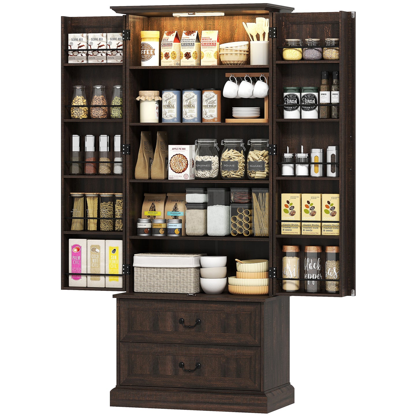 72" LED Kitchen Pantry Cabinet, Buffet Storage Cabinet with 10 Door Shelves, 2 Drawers and Adjustable Shelves, Brown