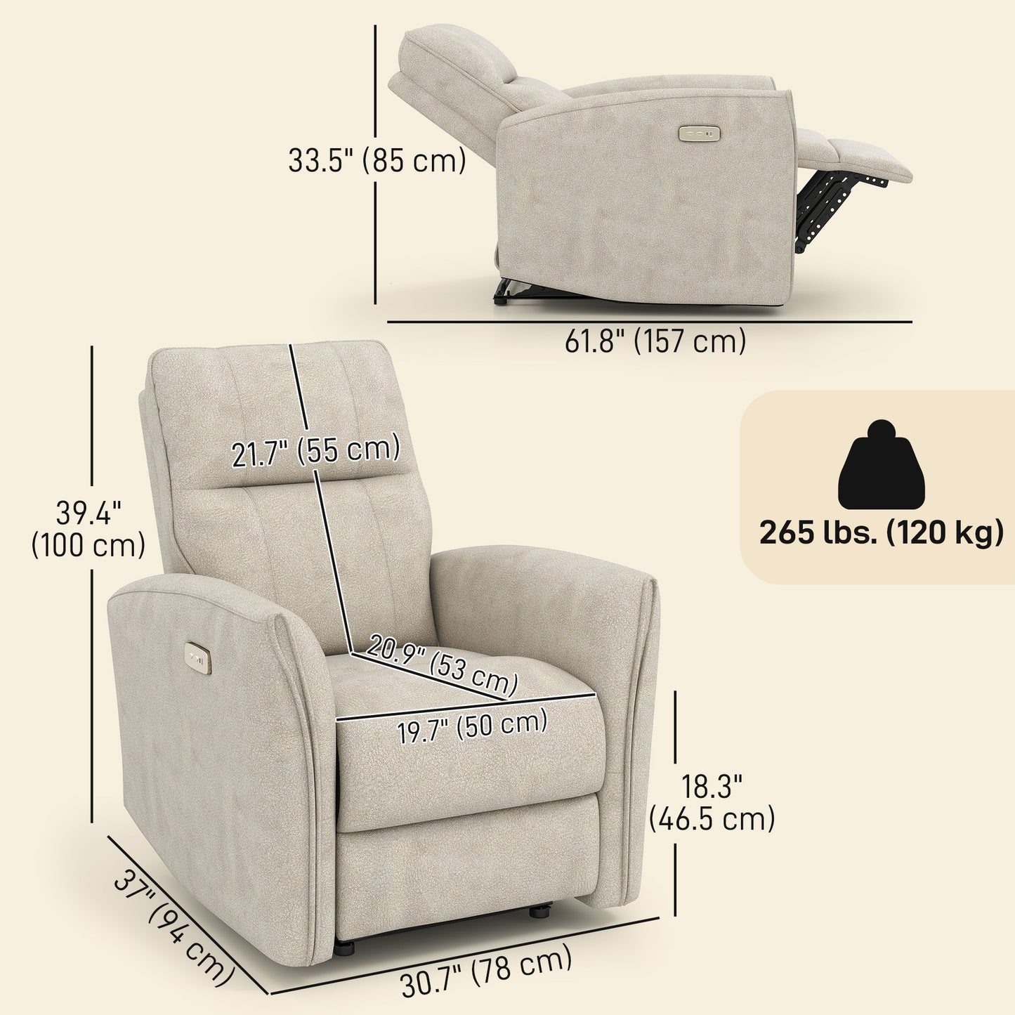 Power Recliner Chair, Dyed Fabric (Like Leathaire) Upholstered Recliner Chair with USB Ports, Footrest, Beige