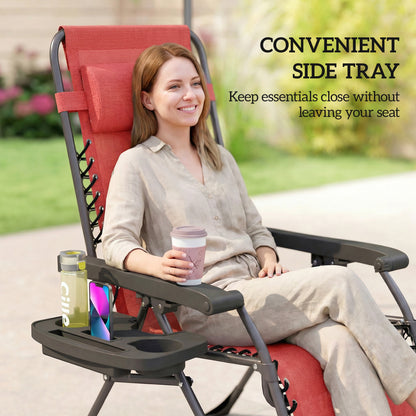 Zero Gravity Chair Set of 2, Folding Reclining Outdoor Lounge Chair with Cup Holder, Headrest, Wine Red
