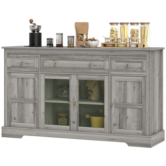 Dining Room Sideboard Buffet Cabinet with Storage, Coffee Bar Cabinet with Glass Doors and Adjustable Shelves, Weathered