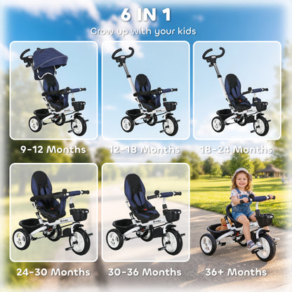 Qaba 6 in 1 Toddler Tricycle with Parent Push Handle, Canopy, Storage Baskets, Cupholder, Dark Blue