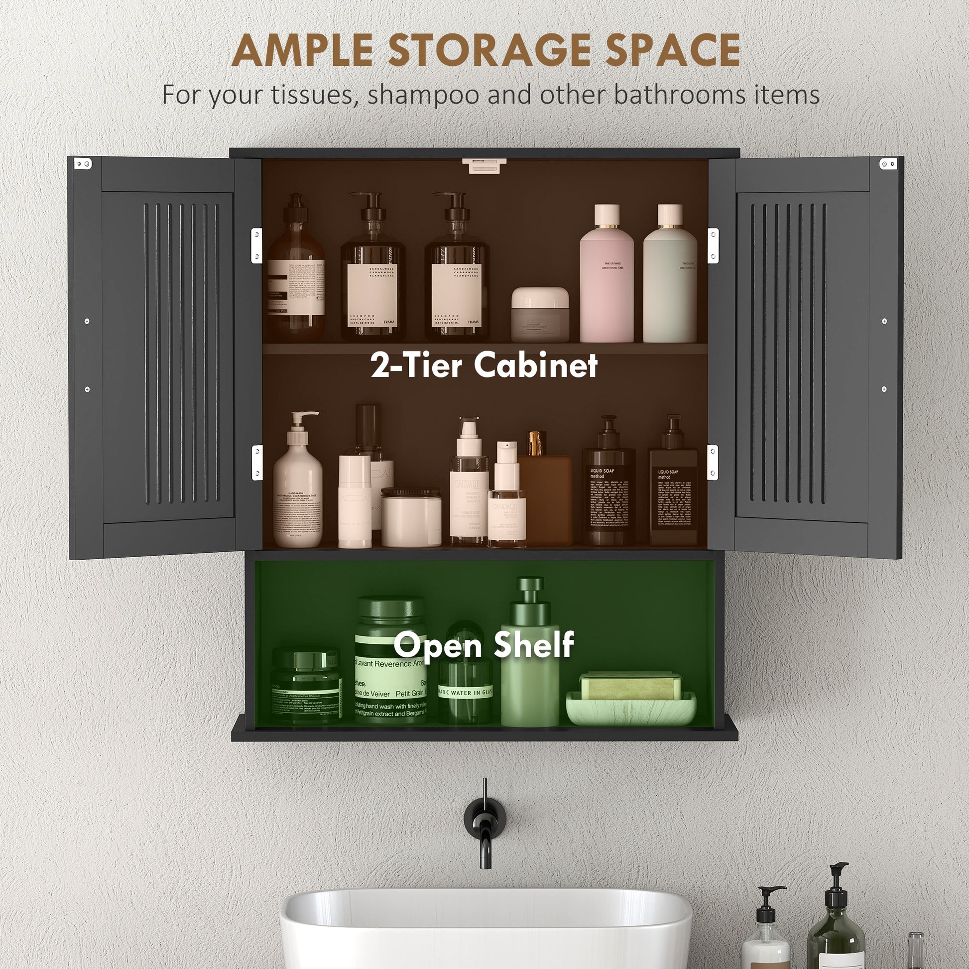 Modern Wall Mount Bathroom Cabinet, Storage Organizer with 2 Door Cabinet and Shelf, Black
