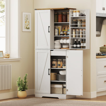 72" Kitchen Pantry Cabinet, Farmhouse Storage Cabinet with 4 Doors, Drawer, 8 Door Shelves and Adjustable Shelf, White