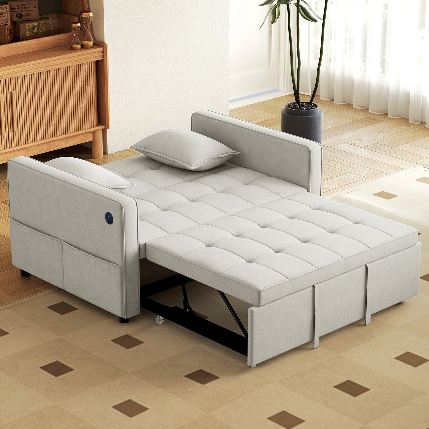 3‑in‑1 Convertible Sofa Bed, Pull Out Sleeper Sofa with USB Charging, Adjustable Backrest, Side Pockets, Beige