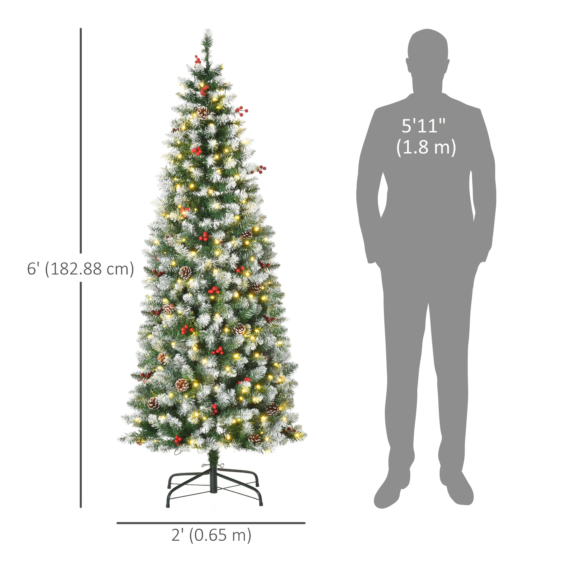 6 ft Snow-Dipped Pencil Christmas Tree Pre-Lit Holiday Decoration with LED Lights Pine Cones Red Berries Green