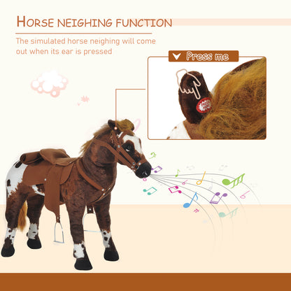 Qaba Standing Ride on Horse, Plush Pony Toy for Kids with Neighing Sound, Soft Padding, for Cowboy Cowgirl Aged 3-8 Year