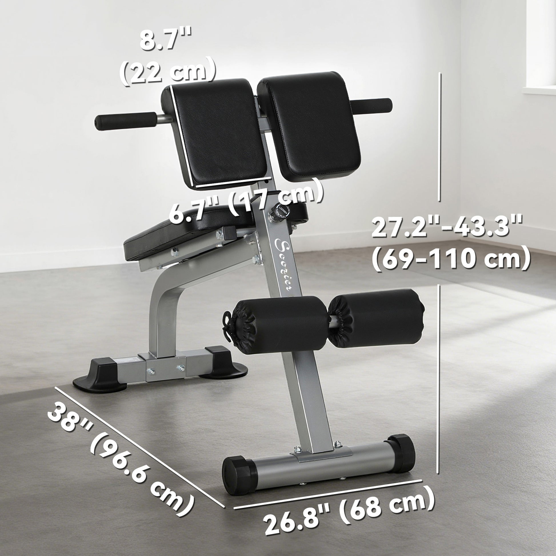 Soozier Roman Chair Back Extension Machine, Height Adjustable Hyperextension Bench, 38" x 26.8" x 27.2–43.3", Silver Ton