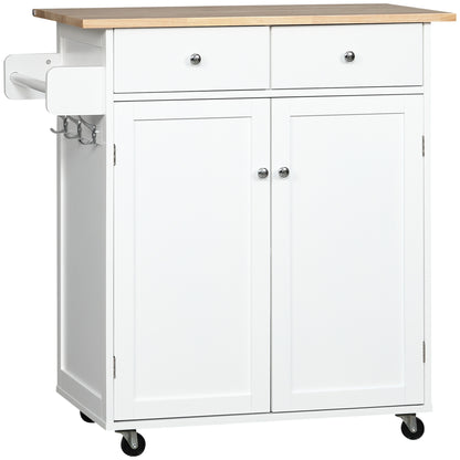 Rolling Kitchen Island with Storage, Kitchen Cart with Rubber Wood Top, Adjustable Shelf, Towel Rack, Hooks and Storage 
