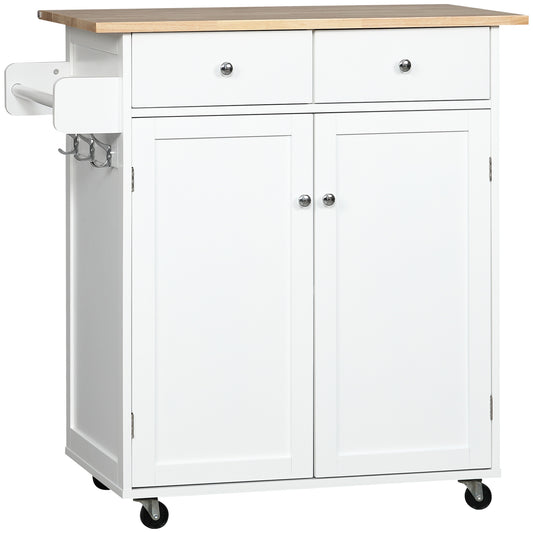 Rolling Kitchen Island with Storage, Kitchen Cart with Rubber Wood Top, Adjustable Shelf, Towel Rack, Hooks and Storage 