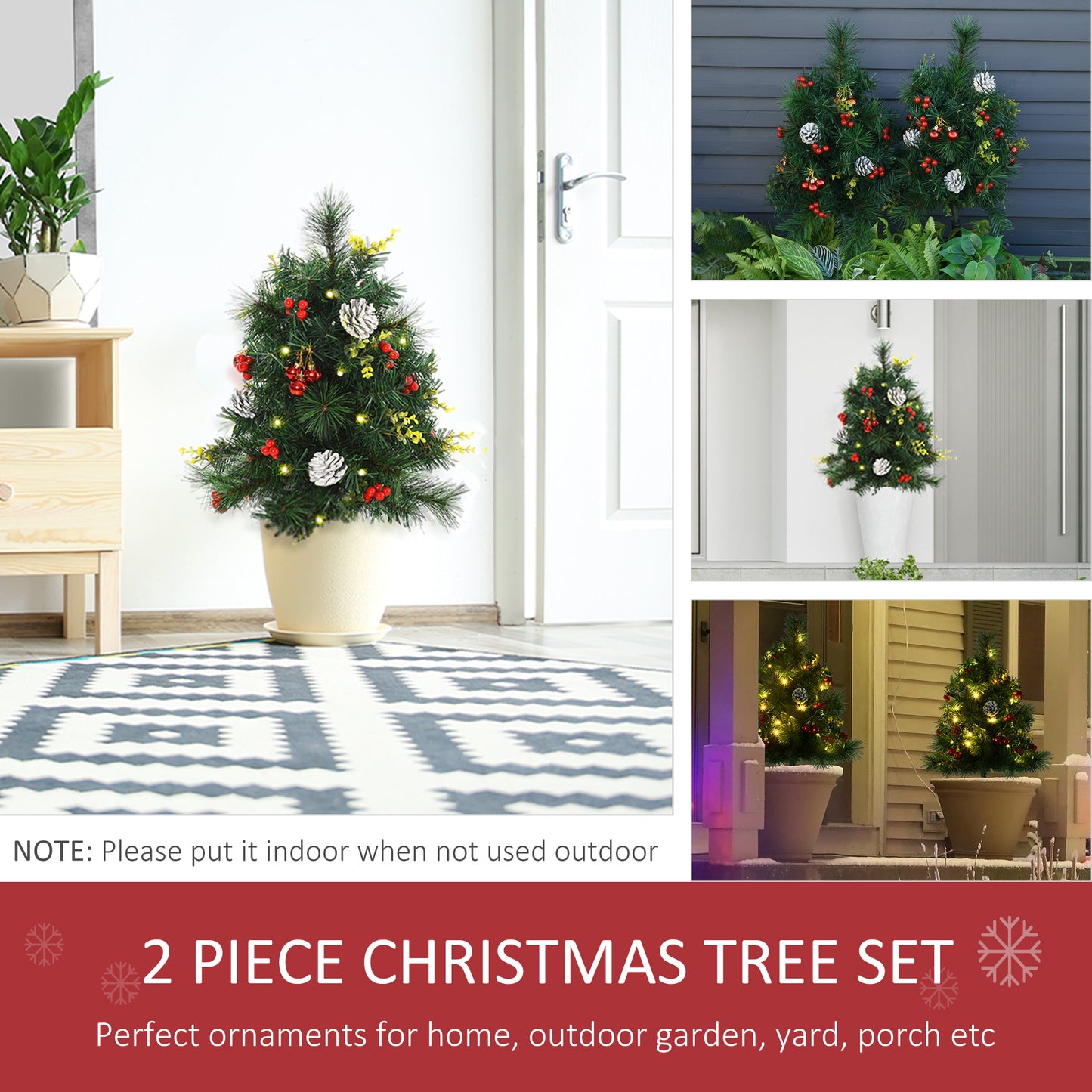 2.5ft 2 Pieces Prelit Artificial Christmas Tree with LED Light Mini Xmas Tree with Small Berry Pine Needles Pinecones De