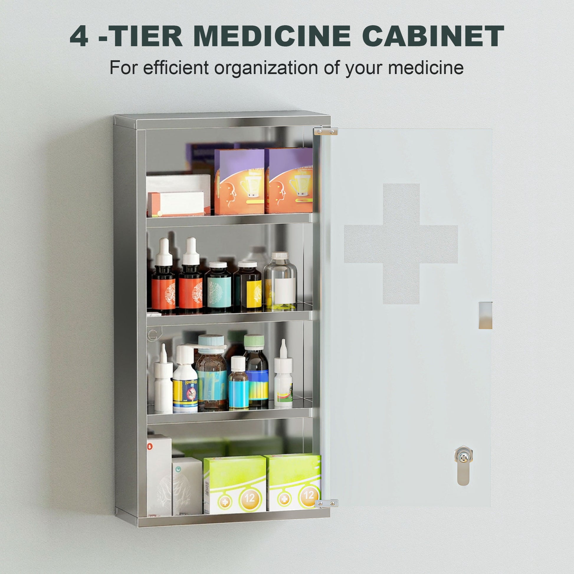 Wall Mount Medicine Cabinet, Bathroom Cabinet with 3 Tier Shelves, Stainless Steel Frame and Glass Door, Lockable with 2