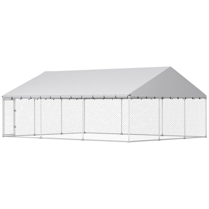 Galvanized Steel Outdoor Dog Kennel with Roof, Safety Locks, for Backyard, 19.7' x 14.8' x 7.9'