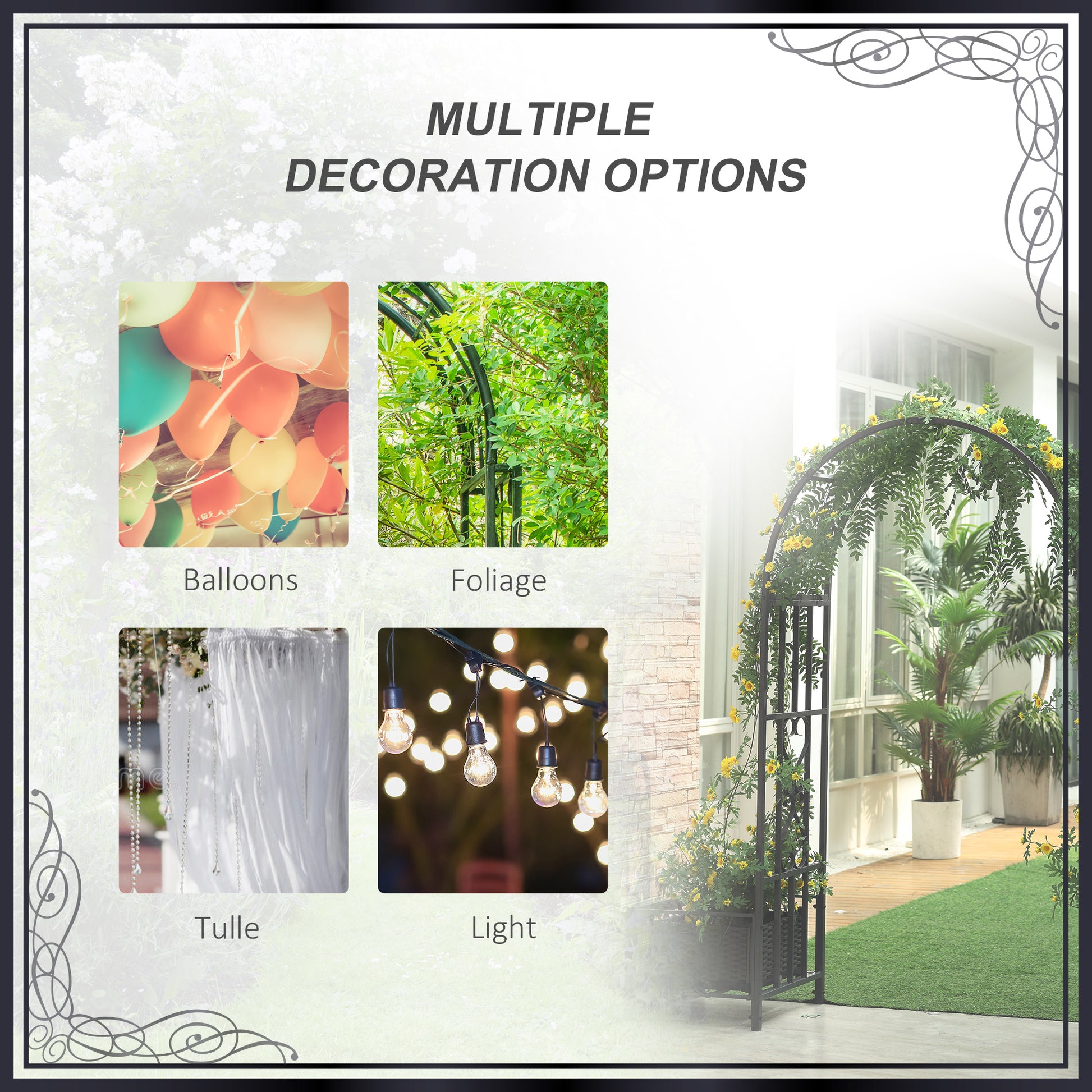 7FT Metal Garden Arch with 2 Planter Boxes, Decorative Outdoor Walkway Arbor for Climbing Vine Plants for Patio Backyard