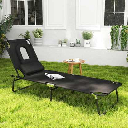 Adjustable Outdoor Lounge Chair, Garden Folding Chaise Lounge with Face Hole Reclining Tanning Chair Seat, Folding Campi