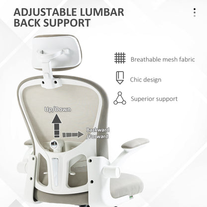 Office Chair, Mesh Computer Desk Chair with Adjustable Headrest, 4D Lumbar Support, Flip-up Arm, Grey