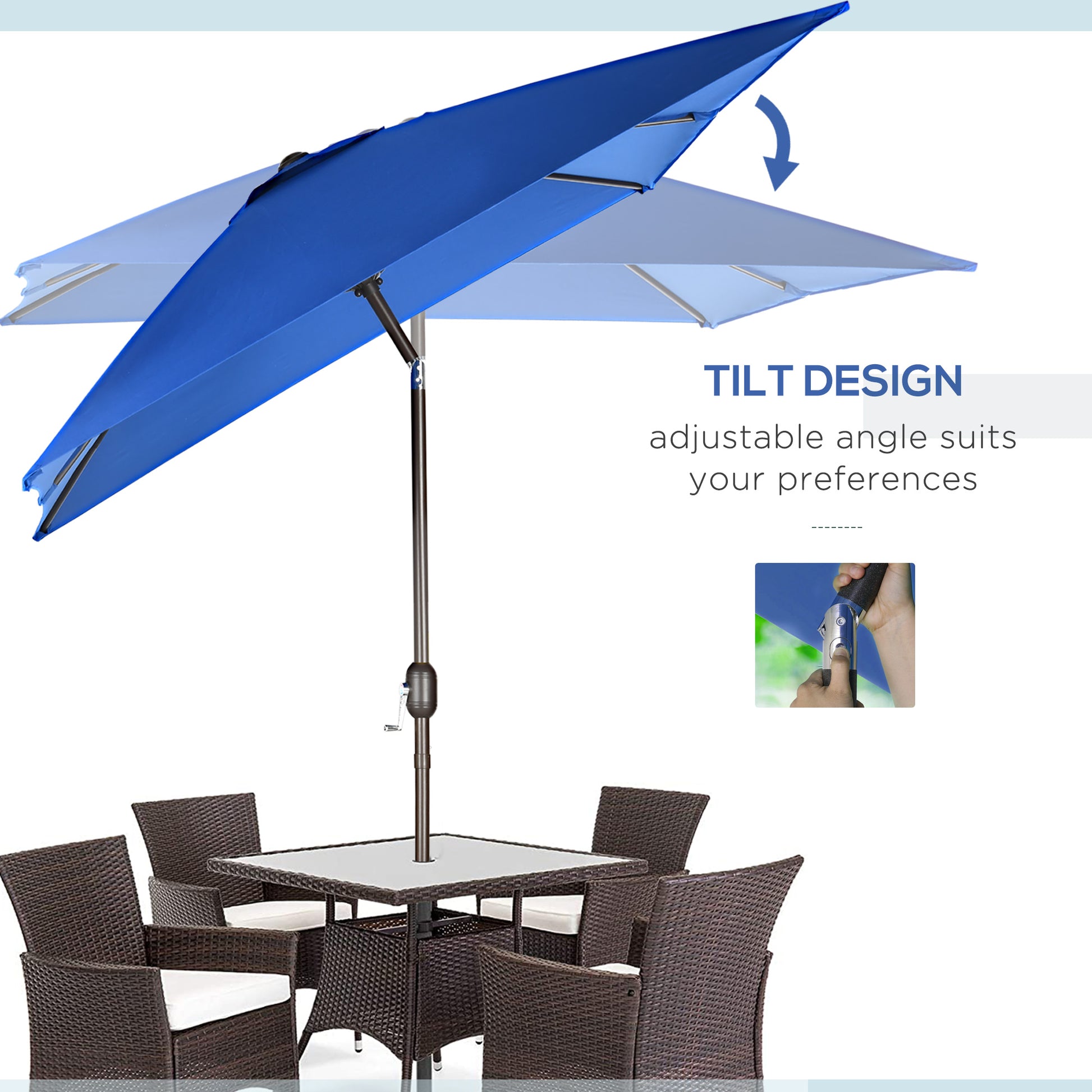 6.5x10ft Patio Umbrella, Rectangle Market Umbrella with Aluminum Frame and Crank Handle, Garden Parasol Outdoor Sunshade