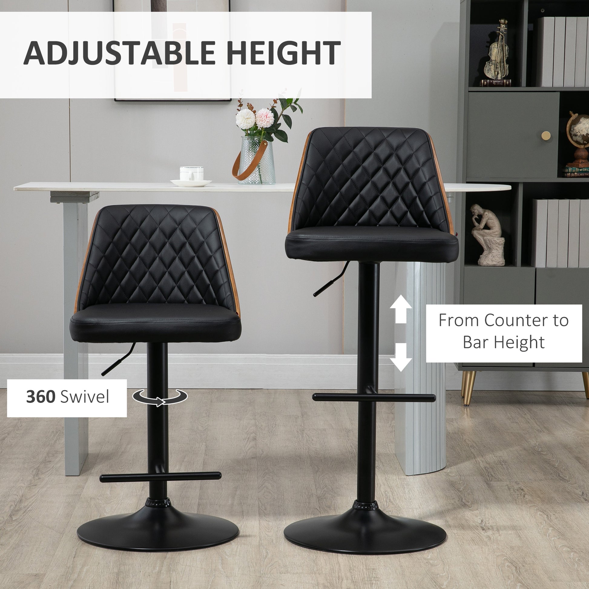 Modern Bar Stools PU Leather Set of 2 Swivel Bar Height Barstools Chairs with Adjustable Height, Round Heavy Metal Base 